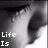 Black-and-white pixelated image of a person's face with text fragments arranged in four quadrants, showing partial facial features and closed eyes.