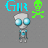 Pixel art character with large blue eyes and gray body, paired with 'GIR' text and skull-crossbones symbols in cyan or gray.