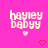 Pixelated text 'hayley babyy' in light pink on bright pink background with small heart symbols, some hearts red, some light pink.