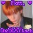 Pixelated portrait of a person with reddish-brown hair wearing dark clothing, framed by purple text and heart symbols.