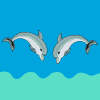 Animated sequence of gray dolphins leaping from turquoise waves against a blue background, with text overlay reading "We will dive together into the abyss of friendship... Let's be best friends!!!"