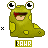 Green pixelated frog-like creature with large eyes and red mouth, repeated in pattern with yellow text below each instance