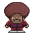 Pixel art character with large brown afro, brown skin, wide eyes, open mouth showing teeth, wearing dark purple jacket with red trim over red pants, standing on gray platform.