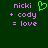 Green heart icon appears next to 'nicki' text on dark green background with pink pixelated text reading '+ cody = love'.
