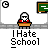 A 5x5 contact sheet of pixel art frames showing a school-themed animation with stick figures, basketball hoops, and repeated "I Hate School" text across multiple scenes including classroom, gym, and hallway settings.