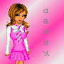 Pixelated cartoon girl in pink dress with white sleeves stands against pink gradient background; text and heart symbols change across frames.