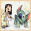 Pixelated cartoon characters including a girl with dark hair and yellow dress, blue alien-like creature with orange ears, and close-up of the creature's face.