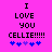 Pixelated text on bright pink background with blue and purple hearts, showing two animation frames where heart positions shift.