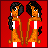 Pixelated character in red and white dress with two hairstyles, displayed on red background with 'Pequ H#1' text.