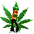 Pixelated figure with green hat and orange torso stands atop large green cannabis leaf on gray background.