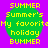 Green circular icon with yellow pixelated text on purple background, displaying 'SUMMER Summer's My favorite holiday BUMMER' in four repeated sections.