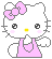 Pixelated white cat with pink bow and dress, yellow nose, black eyes, pink cheeks; left eye open right eye closed in second frame.