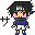 Pixel art character in blue top and white shorts with black hair, pink cheeks, and red circular props appearing sequentially across frames.