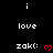 Pixelated icon with repeating text and heart symbols on black background, showing animation of red hearts appearing next to 'zaki:' text in three