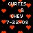 Pixelated icon with black background, red hearts, and white text reading "CURTIS & CHEY 7-22-08" in multiple repeated arrangements.