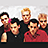 Pixelated group photo of five people on left, blue text fragments on bright green background with partial phrases.