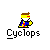 Pixelated character in blue and yellow outfit with brown hair, displaying multiple eye expressions including closed eyes, pink laser effects, and a hand gesture near the face.