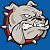 Pixelated dog head with light gray fur, red collar, and white teeth against solid blue background.