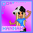 Pixel art buddy icon featuring a cartoon character with blonde hair and black-and-white cow-print headwear, flexing muscles against a purple gradient background with blue square border elements.