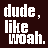 White pixelated text on dark brown background reads 'dude, like woah.' in three lines with comma and period punctuation.