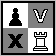 Pixel art of chess pieces and symbols in black, white, and gray squares with 'V' and 'X' marks