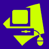 Yellow computer monitor with mouse on purple background, showing animation changes in dots and screen symbols.