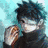 Pixelated anime-style character with dark hair and mask, holding a brown object against light blue background.