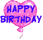 Five heart-shaped balloons in pink, yellow, blue, red, and green display birthday messages with varying text colors on a gray background.
