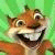 Animated squirrel character with wide grin and raised arms against green background, text reads "I love Hammy the squirrel".