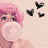 A pixelated image of a person with pink hair blowing bubblegum, surrounded by black heart shapes on a light background.