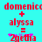 Pixelated red text on cyan background displays 'domenicc + alyssa = *zgetha' with purple asterisks, two identical frames side-by-side.