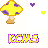 Pixelated mushroom icons with yellow and purple caps alternate with small hearts, while 'KCMS' text in yellow on purple backgrounds appears below each