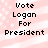 Pixelated text 'Vote Logan For President' on a pink and white striped background with scattered white dots.