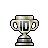 Pixel art trophy with two handles, base, and central panel showing a stylized '10' in black and white on a gray background.