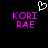 Pixelated text 'KORI RAE' in bright pink on black background with white heart symbol above left text block.