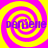 Four identical spiral patterns with alternating pink and yellow rings, each containing the text 'danjelle' in purple pixelated font.