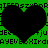 Two black heart shapes on a green background with pixelated text fragments surrounding them.