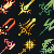 Nine pixelated weapon icons arranged in a 3x3 grid on dark background, featuring fire, lightning, and green energy effects with distinct color palettes.