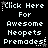Pixelated text reads 'Click Here For Awesome Neopets Premades!' with white stars on black background, animated star positions shift across frames.