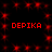 Red pixelated text 'DEPIKA' repeats across a black background with scattered red dots and faint starbursts.