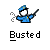 Pixelated icon of a figure in blue uniform holding a baton with smoke, below text reading 'Busted' on gray background.