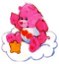 Static pixelated icon of a pink Care Bear holding an orange cup on a white background with faint gray cloud outline.