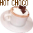 Pixelated image of a cup of hot chocolate with whipped cream and chocolate drizzle, labeled 'HOT CHOCO' in brown text above the cup.
