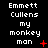 Pixelated text displays "Emmett Cullens my monkey man" with red symbols changing across frames on a black background.