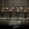 Four figures stand in a row on circular platforms against a dark background with blurred lights, below a large 'RENT' text logo.