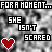 Pixelated black-and-white background with text and heart symbols, showing two variations of a phrase where 'SCARED' changes color from white to red.