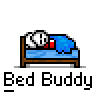 Animated contact sheet of a pixel art bed buddy icon showing 12 frames with sleeping characters and Z symbols above their heads, arranged in a 4x3 grid on gray background.
