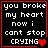 Four identical black square with red borders display white pixelated text reading "you broke my heart now i cant stop CRYING" and a small red heart symbol