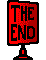 Red rectangular signs with black text reading THE END on a gray background, displayed in various orientations and positions