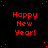 Red pixelated text reading 'Happy New Year!' repeated across a black background with scattered red dots, one gray square visible in the bottom-right corner.